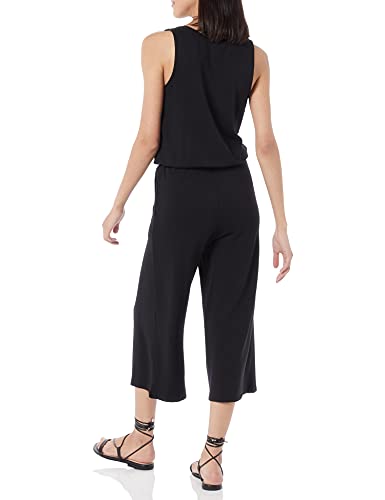 Marca Amazon - Daily Ritual: Mono sin mangas de algodón terry y pierna ancha para mujer., Negro, US S (EU S - M)