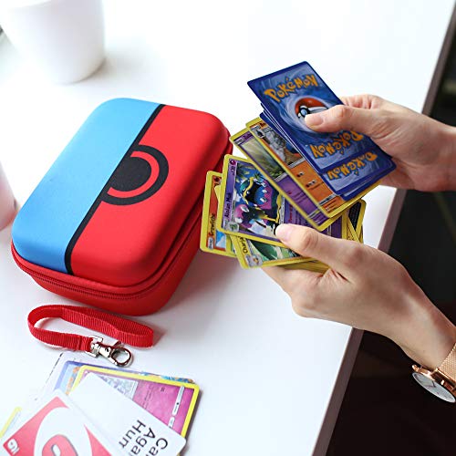 Más de 400 tarjetas caso compatible para tarjetas de comercio Pokemon con correa de mano y divisor, azul y rojo