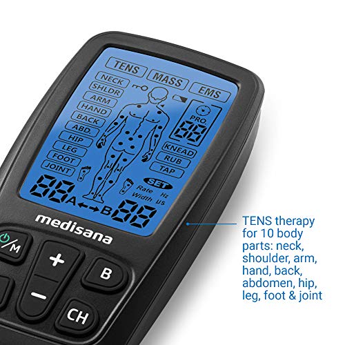 Medisana TENS, aparato de corriente de estimulación EMS con 60 programas aparato profesional de electroterapia relajación muscular y alivio del dolor en la espalda, cuello, hombros, abdomen, caderas