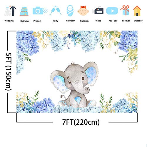 Mehofoto 7x5ft Contexto de la Ducha del bebé Azul del Elefante Fondo Lindo del Elefante para el Fondo de la fotografía del Feliz cumpleaños del Muchacho