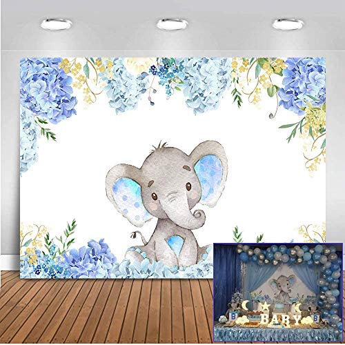 Mehofoto 7x5ft Contexto de la Ducha del bebé Azul del Elefante Fondo Lindo del Elefante para el Fondo de la fotografía del Feliz cumpleaños del Muchacho