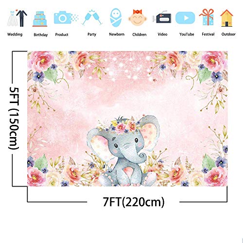 Mehofoto Elefante Telón de Fondo 7x5ft Lindo del cumpleaños del Elefante Photo Booth telones de Fondo para Fotografía de la Ducha del Elefante Rosado de la Flor del bebé del Fondo