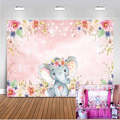 Mehofoto Elefante Telón de Fondo 7x5ft Lindo del cumpleaños del Elefante Photo Booth telones de Fondo para Fotografía de la Ducha del Elefante Rosado de la Flor del bebé del Fondo