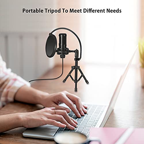 Micrófono USB para ordenador, 2 en 1, micrófono de PC con brazo de metal ajustable y soporte de trípode, filtro pop, 192 kHZ/24bit cardioide, micrófono para PC, PS4, YouTube, streaming