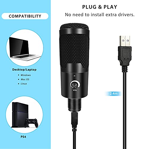 Micrófono USB para ordenador, 2 en 1, micrófono de PC con brazo de metal ajustable y soporte de trípode, filtro pop, 192 kHZ/24bit cardioide, micrófono para PC, PS4, YouTube, streaming
