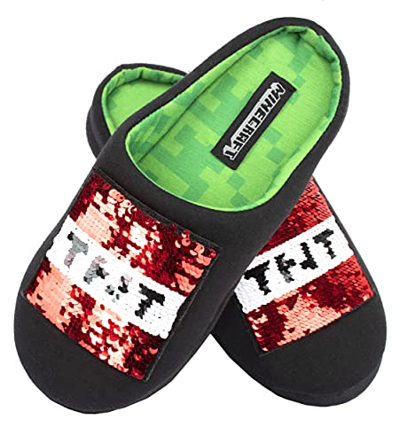 Minecraft - Pantuflas Negras para Niños - Pantuflas de Minecraft con Lentejuelas Reversibles - Diseño del Creeper de Minecraft y Caja de TNT - Pantuflas para Niños Talla UK 3/EUR 35, Edad 10