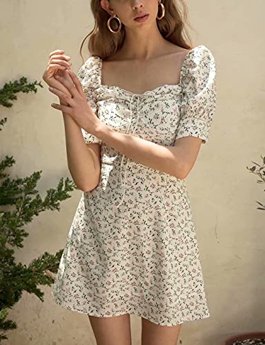 Mini vestido de verano para mujer, cuello de barco de manga corta con estampado floral vestido de cóctel casual sexy Slim elegante, #104 Blanco, XXL