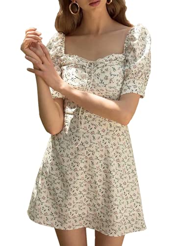 Mini vestido de verano para mujer, cuello de barco de manga corta con estampado floral vestido de cóctel casual sexy Slim elegante, #104 Blanco, XXL