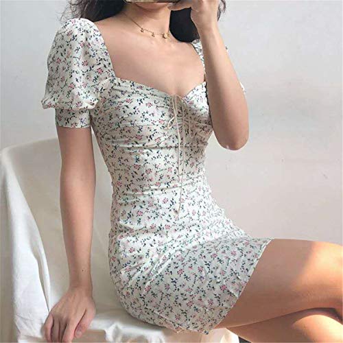 Mini vestido de verano para mujer, cuello de barco de manga corta con estampado floral vestido de cóctel casual sexy Slim elegante, #104 Blanco, XXL