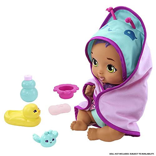 My Garden Baby Hora del baño, muñeco de juguete con toalla mariposa y accesorios, regalo para niñas y niños mayores de 18 meses (Mattel HBJ68)