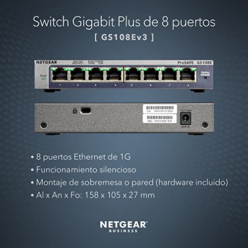 Netgear GS108E-300PES - Switch conmutador de red gestionable de 8 puertos Gigabit RJ-45 (2000 Mbps de ancho de banda, con control de red, QoS y VLAN, carcasa metálica)