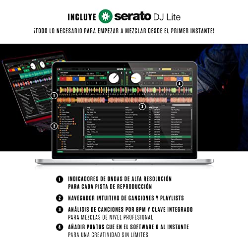 Numark Mixtrack Pro FX - Controlador DJ de 2 secciones para Serato DJ con mezclador DJ, interfaz de audio incorporada, ruedas de selección táctiles capacitivas y paletas de efectos