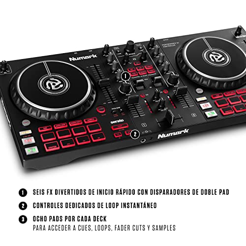 Numark Mixtrack Pro FX - Controlador DJ de 2 secciones para Serato DJ con mezclador DJ, interfaz de audio incorporada, ruedas de selección táctiles capacitivas y paletas de efectos