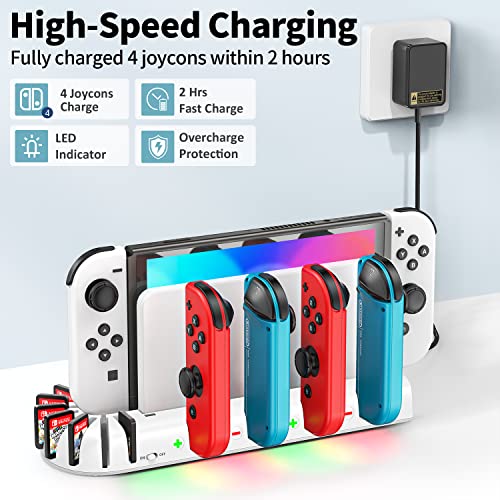 OIVO Cargador Mandos Switch para Nintendo Switch/OLED Joy-con, Cargador Nintendo Switch con 8 Ranuras de Juego, Cargador Switch con Indicador LED para Accesorios Nintendo Swtich/Switch OLED (Blanca)