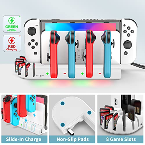 OIVO Cargador Mandos Switch para Nintendo Switch/OLED Joy-con, Cargador Nintendo Switch con 8 Ranuras de Juego, Cargador Switch con Indicador LED para Accesorios Nintendo Swtich/Switch OLED (Blanca)