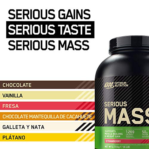 Optimum Nutrition Serious Mass Proteina en Polvo, Mass Gainer Alto en Proteína, con Vitaminas, Creatina y Glutamina, Fresa, 8 Porciones, 2,73kg, Embalaje Puede Variar