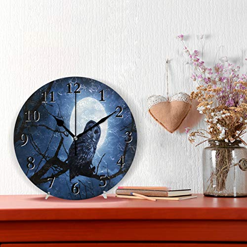 Pac Mac 3D Barred Owl Sits Motionless in the Blue Moonlight - Reloj de pared redondo de 9,8 pulgadas, silencioso de cuarzo, funciona con batería, analógico, silencioso para el hogar, oficina, escuela
