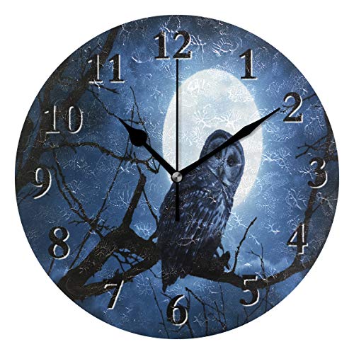 Pac Mac 3D Barred Owl Sits Motionless in the Blue Moonlight - Reloj de pared redondo de 9,8 pulgadas, silencioso de cuarzo, funciona con batería, analógico, silencioso para el hogar, oficina, escuela
