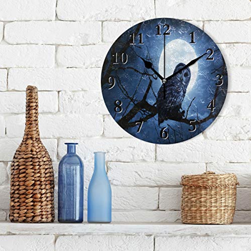 Pac Mac 3D Barred Owl Sits Motionless in the Blue Moonlight - Reloj de pared redondo de 9,8 pulgadas, silencioso de cuarzo, funciona con batería, analógico, silencioso para el hogar, oficina, escuela