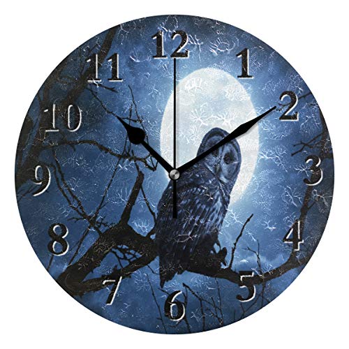 Pac Mac 3D Barred Owl Sits Motionless in the Blue Moonlight - Reloj de pared redondo de 9,8 pulgadas, silencioso de cuarzo, funciona con batería, analógico, silencioso para el hogar, oficina, escuela