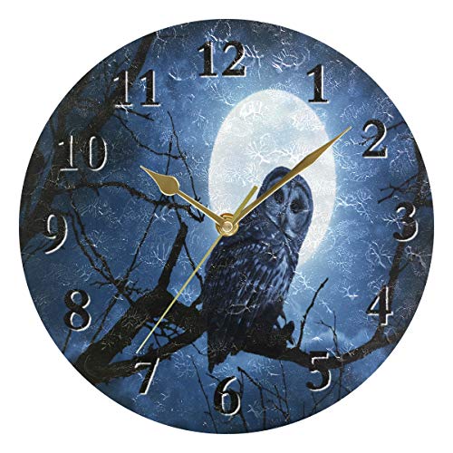 Pac Mac 3D Barred Owl Sits Motionless in the Blue Moonlight - Reloj de pared redondo de 9,8 pulgadas, silencioso de cuarzo, funciona con batería, analógico, silencioso para el hogar, oficina, escuela