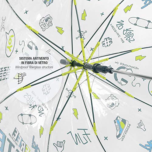 Paraguas Niño con Monopatín y Relampágos Transparente - Paraguas"Free Skate" Lúcido Automático a Cúpula - Sombrilla Pequeños 4/6 Años con Detalles Reflejantes - POE - Diámetro 74 cm Perletti (Negro)