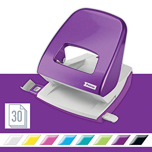 Petrus 624328 Taladro de Oficina con Barra Guía y Marcas de Formato, Perfora 30 Hojas, Metal, Gama WOW,Púrpura
