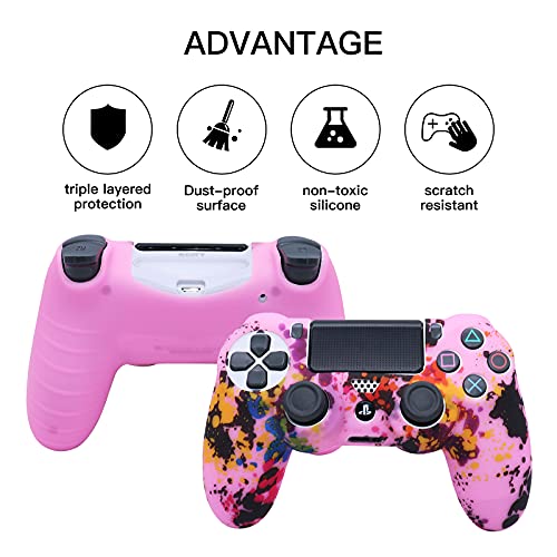 Pink PS4 Controller Skins HLRAO, Funda de Silicona para Controlador, Funda Protectora x1 + 10 agarres para el Pulgar para PS4 / PS4 Slim / PS4 Pro Controller.