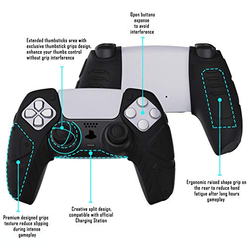 PlayVital Edición Mecha Negro Funda de Silicona Suave para PS5, Protector de Goma Ergonómica con Tapas para Joysticks para PS5 Mando - Compatible con Estación de Carga
