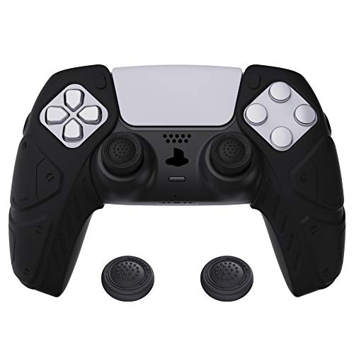 PlayVital Edición Mecha Negro Funda de Silicona Suave para PS5, Protector de Goma Ergonómica con Tapas para Joysticks para PS5 Mando - Compatible con Estación de Carga