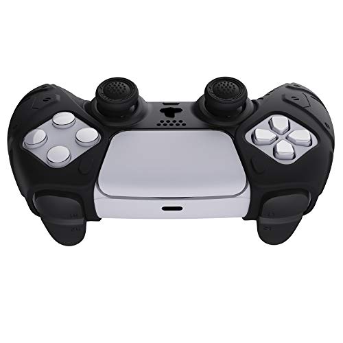 PlayVital Edición Mecha Negro Funda de Silicona Suave para PS5, Protector de Goma Ergonómica con Tapas para Joysticks para PS5 Mando - Compatible con Estación de Carga