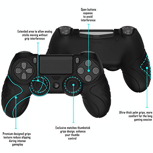 PlayVital Funda de Silicona para PS4 Protector de Piel Carcasa Blanda Antideslizante con 2 Tapas de Joysticks para Playstation 4 Funda de Goma para Dualshock 4 Control(Edición Guardian-Negro)