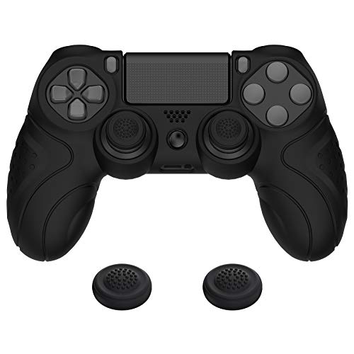 PlayVital Funda de Silicona para PS4 Protector de Piel Carcasa Blanda Antideslizante con 2 Tapas de Joysticks para Playstation 4 Funda de Goma para Dualshock 4 Control(Edición Guardian-Negro)