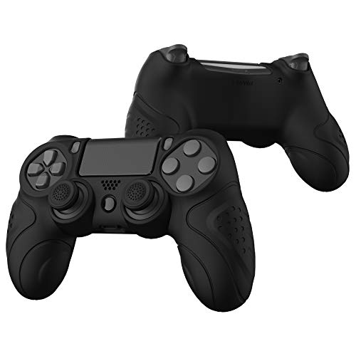 PlayVital Funda de Silicona para PS4 Protector de Piel Carcasa Blanda Antideslizante con 2 Tapas de Joysticks para Playstation 4 Funda de Goma para Dualshock 4 Control(Edición Guardian-Negro)