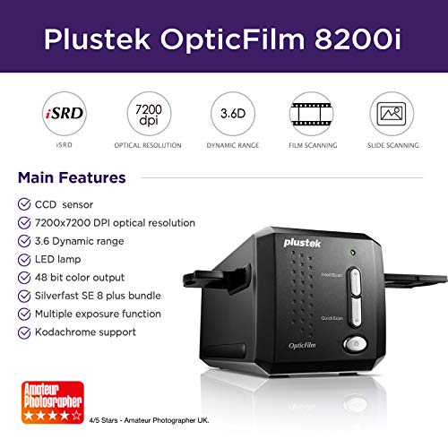 Plustek OpticFilm 8200I SE - Escáner (36,8 x 25,4 mm, 7200 x 7200 dpi, IrDA, USB 2.0, Film/Slide, Negro, CCD)