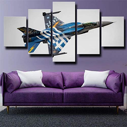 PYRO Cuadro sobre Lienzo - 5 Piezas - Aviones Militares Multirole Fighter F-16 - Ancho: 150cm, Altura: 80cm - Gráfica Decoracion de Pared