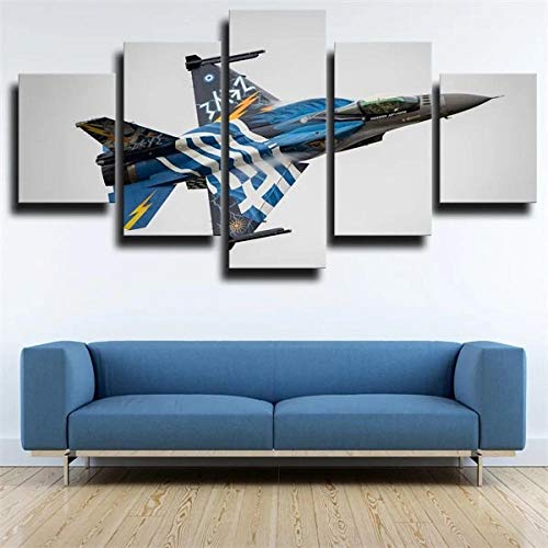 PYRO Cuadro sobre Lienzo - 5 Piezas - Aviones Militares Multirole Fighter F-16 - Ancho: 150cm, Altura: 80cm - Gráfica Decoracion de Pared