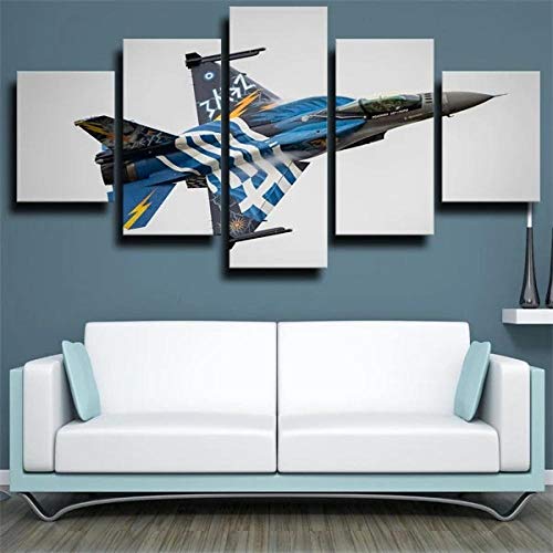 PYRO Cuadro sobre Lienzo - 5 Piezas - Aviones Militares Multirole Fighter F-16 - Ancho: 150cm, Altura: 80cm - Gráfica Decoracion de Pared