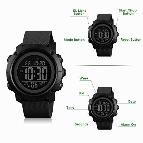 Reloj deportivo digital, impermeable, militar, para exteriores, color negro, para hombre, con cronómetro, luz trasera LED, reloj de pulsera con fecha y alarma., Negro,