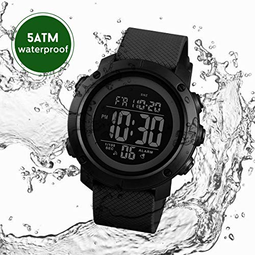 Reloj deportivo digital, impermeable, militar, para exteriores, color negro, para hombre, con cronómetro, luz trasera LED, reloj de pulsera con fecha y alarma., Negro,