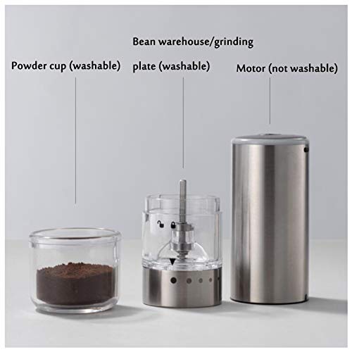 R&P USB Portátil Eléctrico Molinillo De Café, Muelas Ajustables Recargable, Acero Inoxidable Plateado