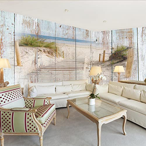 Runa Art Papel tapiz fotográfico Playa y madera mar mirada Moderna Lana Sala Cuarto Salón - Made in Germany - azul Marrón 9111010a