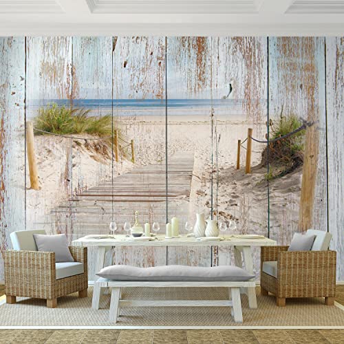 Runa Art Papel tapiz fotográfico Playa y madera mar mirada Moderna Lana Sala Cuarto Salón - Made in Germany - azul Marrón 9111010a