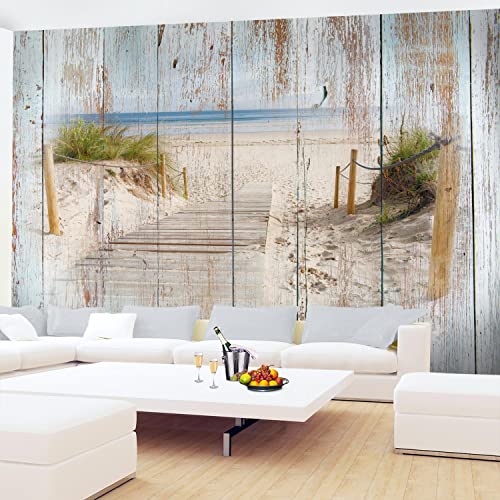 Runa Art Papel tapiz fotográfico Playa y madera mar mirada Moderna Lana Sala Cuarto Salón - Made in Germany - azul Marrón 9111010a