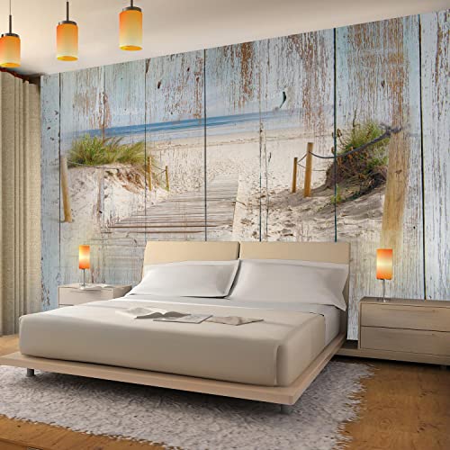 Runa Art Papel tapiz fotográfico Playa y madera mar mirada Moderna Lana Sala Cuarto Salón - Made in Germany - azul Marrón 9111010a