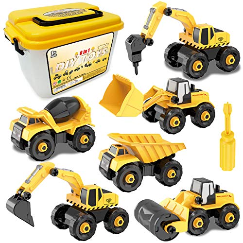 Sanlebi 6 Piezas Desmontar Camiones Grandes de Juguete, Construcción Vehículos Excavadora Tractor de Juguete con Herramientas para 3 4 5 Años Niño y Niña