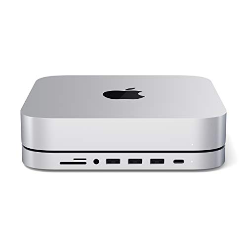 SATECHI Soporte & Hub Tipo-C de Aluminio – Compatible con 2020 y 2018 Mac Mini – Puerto de Datos USB-C, Lector de Tarjetas Micro/SD, USB 3,0 & Puerto Jack para Auriculares (Plata)