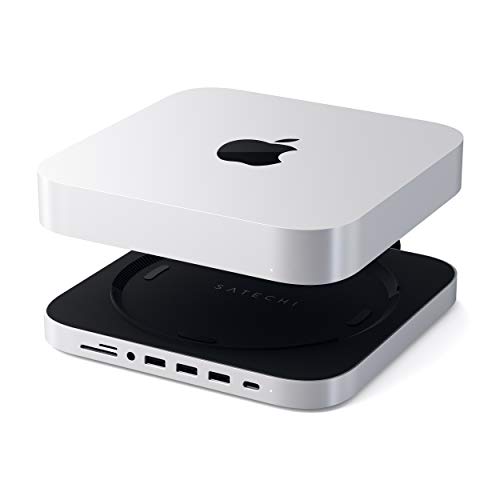 SATECHI Soporte & Hub Tipo-C de Aluminio – Compatible con 2020 y 2018 Mac Mini – Puerto de Datos USB-C, Lector de Tarjetas Micro/SD, USB 3,0 & Puerto Jack para Auriculares (Plata)