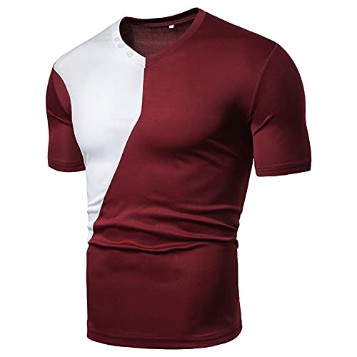Shirt Casual Hombres Slim Fit con Cuello En V Botones Personalidad Hombres Shirt Estiramiento Empalme Hombres Shirt Muscular Deporte Moda Hombres T-Shirt D-Red M