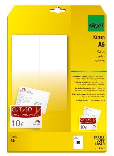 SIGEL LP711 Tarjetas postales para PC impresión por las dos caras, A6 (A4), 185 g, 80 unds.=20 hojas